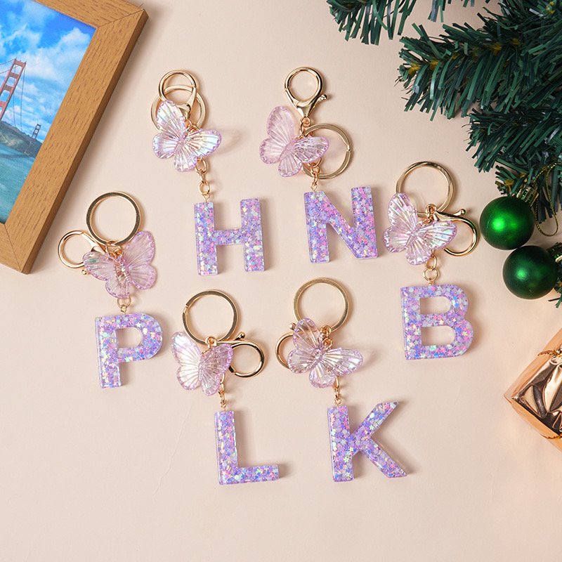 Quicksand Sequin 26 Letter Keychain Fashion Butterfly Pendant Car Key Accessories Key Chain Woman Gift Bag Decoration Keyrings