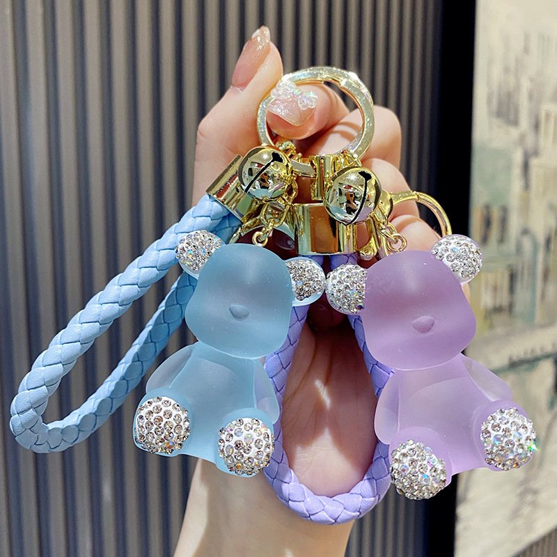 Fashion 3D Cartoon Resin Diamond Crystal Transparent Bear Keychain Luxury Candy color Leather Wristlet Bag Pendant Car Keyring