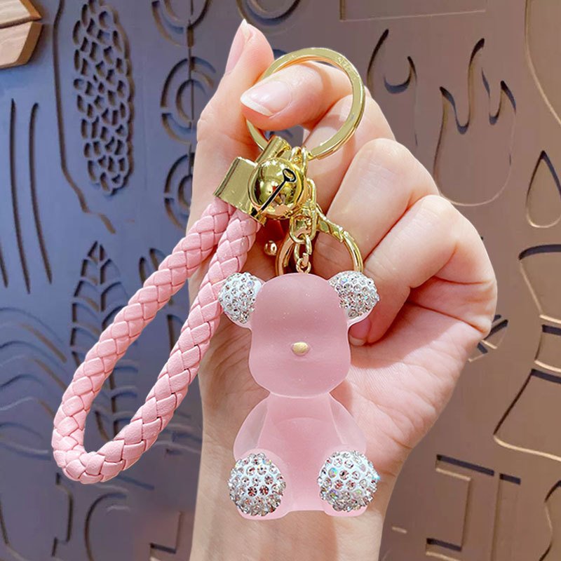 Fashion 3D Cartoon Resin Diamond Crystal Transparent Bear Keychain Luxury Candy color Leather Wristlet Bag Pendant Car Keyring