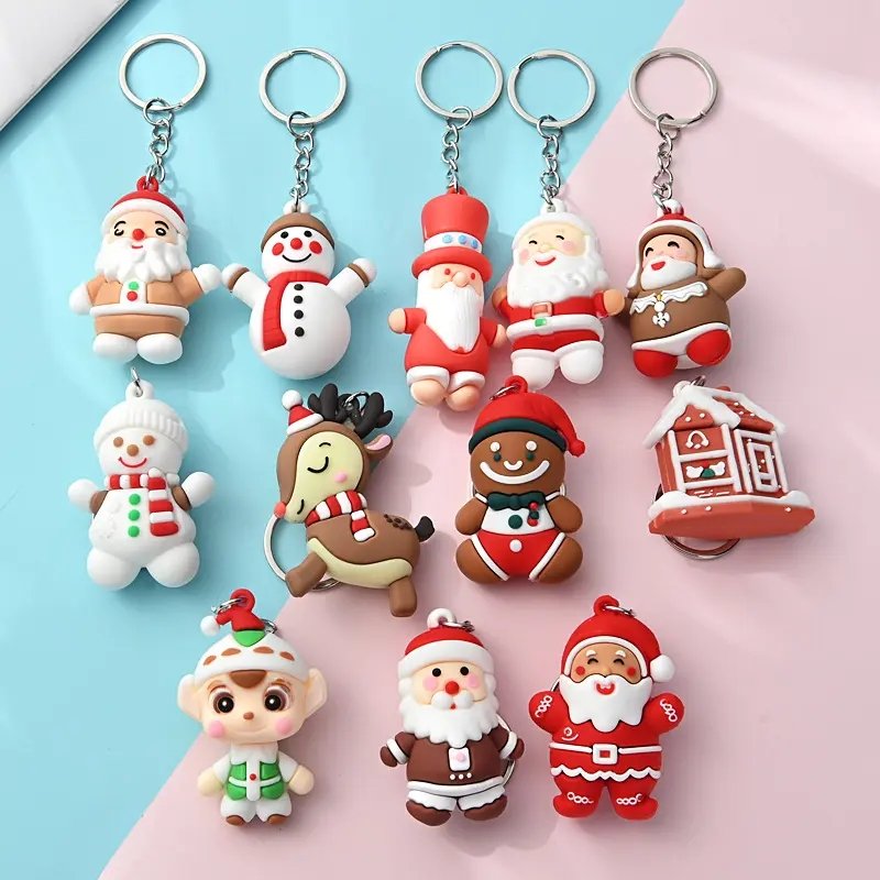 Wholesale 3D Soft pvc Keychains Cartoon Santa Claus Snowman Christmas tree key chain pendant Rubber key chain accessories