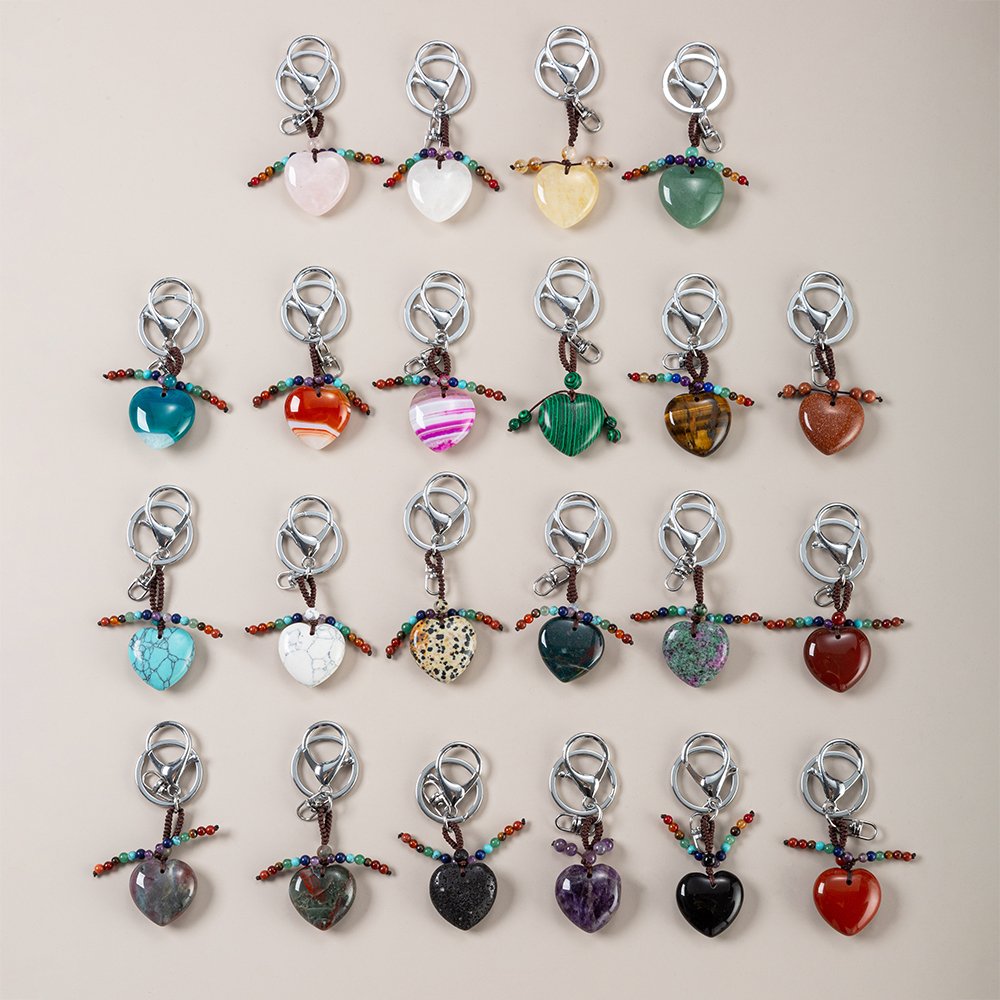 Healing 7 Chakra Crystal 30mm Heart Keychain Hand Braided Love Key Ring Bag Backpack Charm Car Key Pendant Friendship Gifts