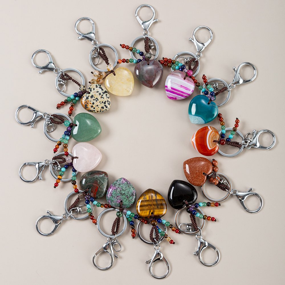 Healing 7 Chakra Crystal 30mm Heart Keychain Hand Braided Love Key Ring Bag Backpack Charm Car Key Pendant Friendship Gifts
