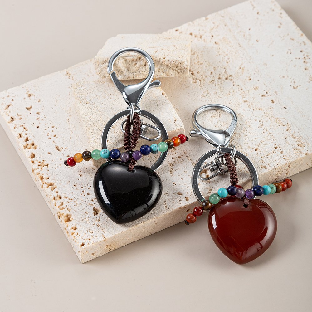 Healing 7 Chakra Crystal 30mm Heart Keychain Hand Braided Love Key Ring Bag Backpack Charm Car Key Pendant Friendship Gifts