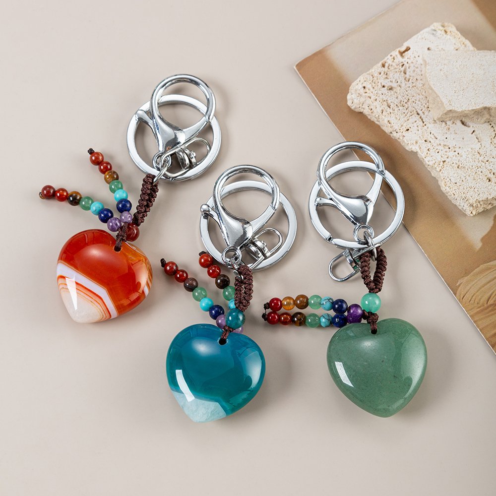 Healing 7 Chakra Crystal 30mm Heart Keychain Hand Braided Love Key Ring Bag Backpack Charm Car Key Pendant Friendship Gifts