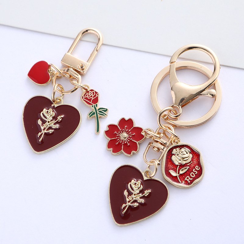 Cute Girl Heart Rose Love Keychain Plate Alloy Car Key Chain Headset Pendant Bag Hanging Accessories