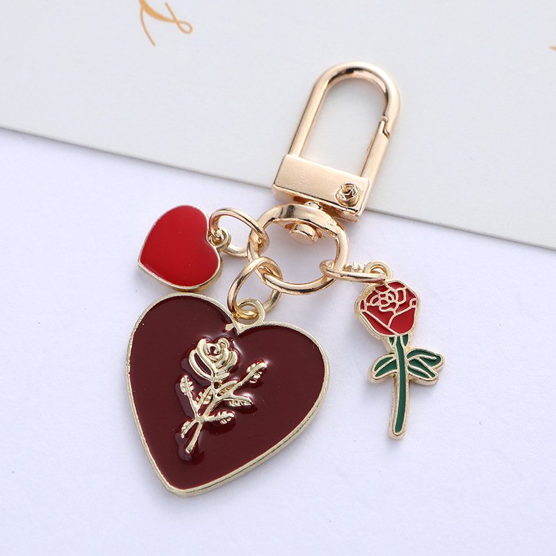 Cute Girl Heart Rose Love Keychain Plate Alloy Car Key Chain Headset Pendant Bag Hanging Accessories