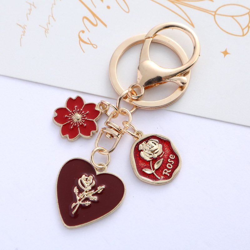 Cute Girl Heart Rose Love Keychain Plate Alloy Car Key Chain Headset Pendant Bag Hanging Accessories
