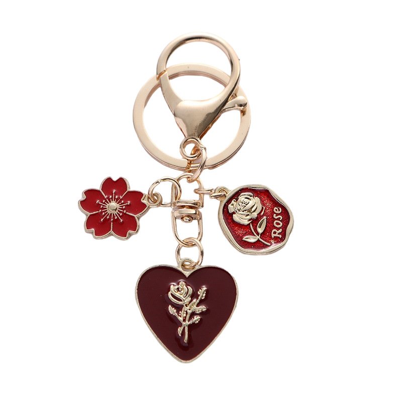Cute Girl Heart Rose Love Keychain Plate Alloy Car Key Chain Headset Pendant Bag Hanging Accessories
