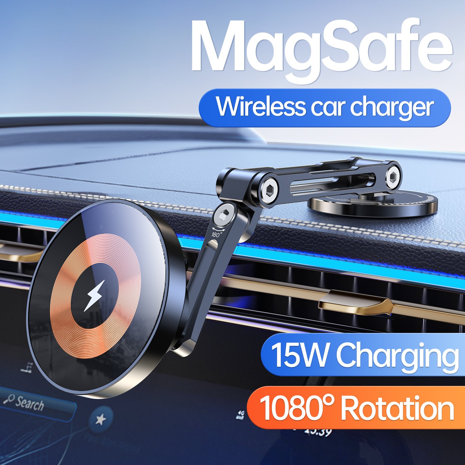 Mingcard Magnetic Car Holder Wireless Charging Function 15w Rechargeable Stick-on 360 Degree Rotating Multi-Angle Car Stand