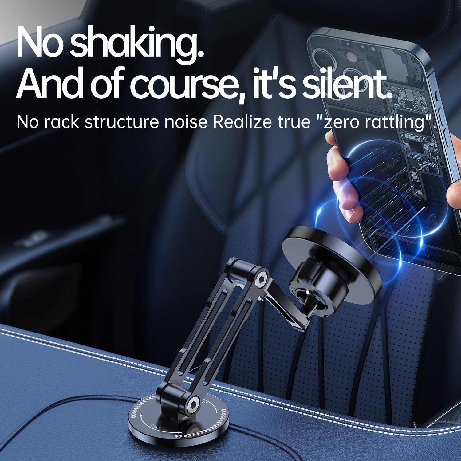 Mingcard Magnetic Car Holder Wireless Charging Function 15w Rechargeable Stick-on 360 Degree Rotating Multi-Angle Car Stand
