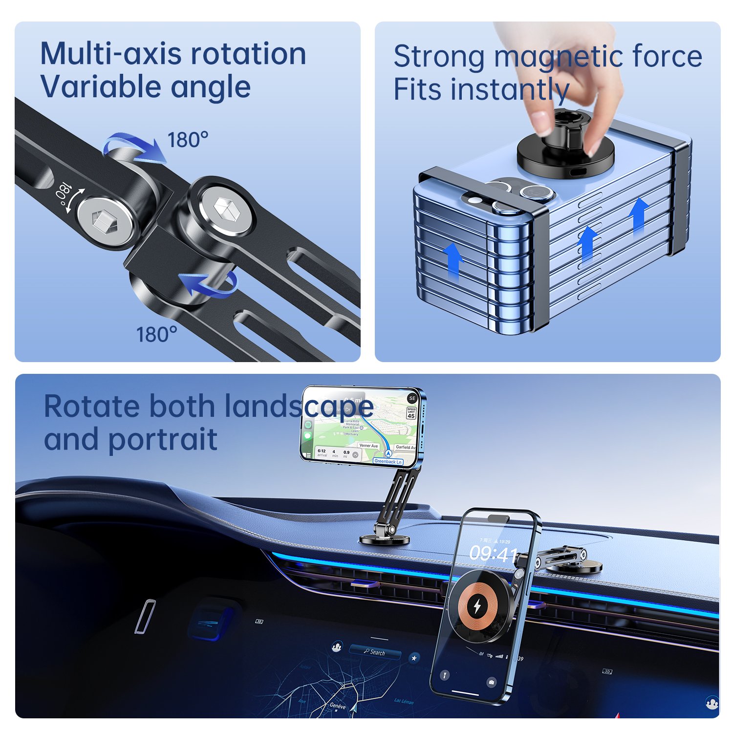 Mingcard Magnetic Car Holder Wireless Charging Function 15w Rechargeable Stick-on 360 Degree Rotating Multi-Angle Car Stand
