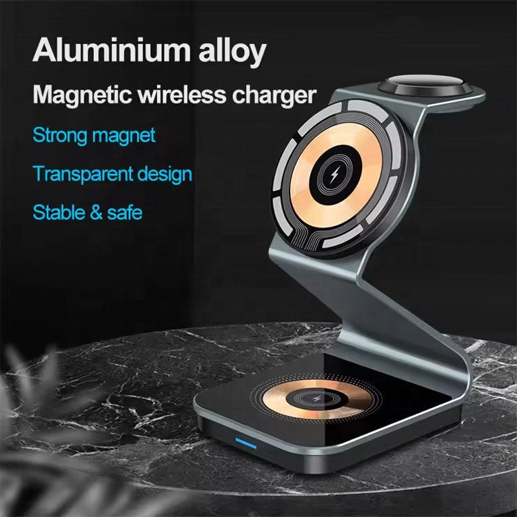 Hot selling magnetic 3 in 1 wireless charger desktop multifunctional folding wireless charging phone holder suitable for Apple