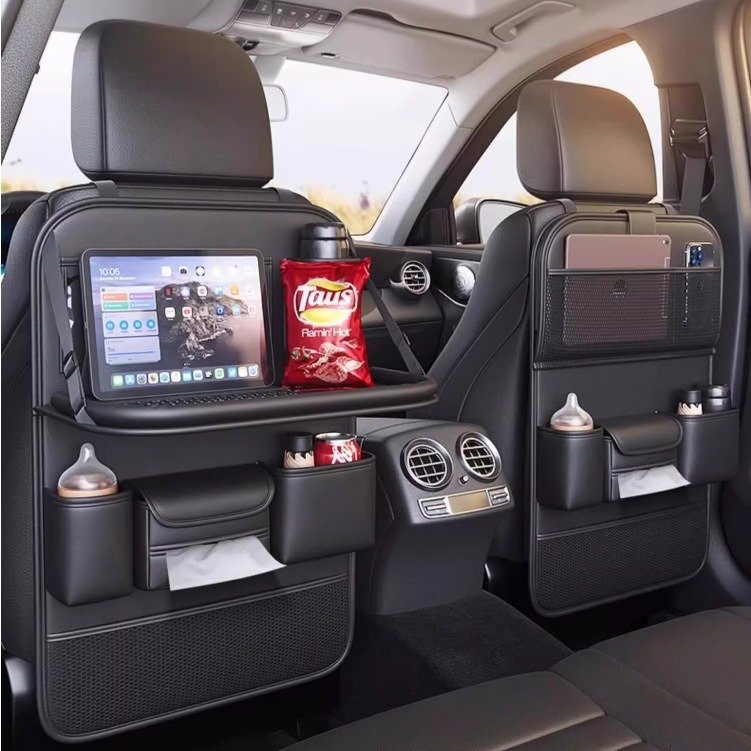 PU Leather Car SeatBack Organizer with tray Travel Kick mats Back seat Protector and Cup Holder Holder Universal Use