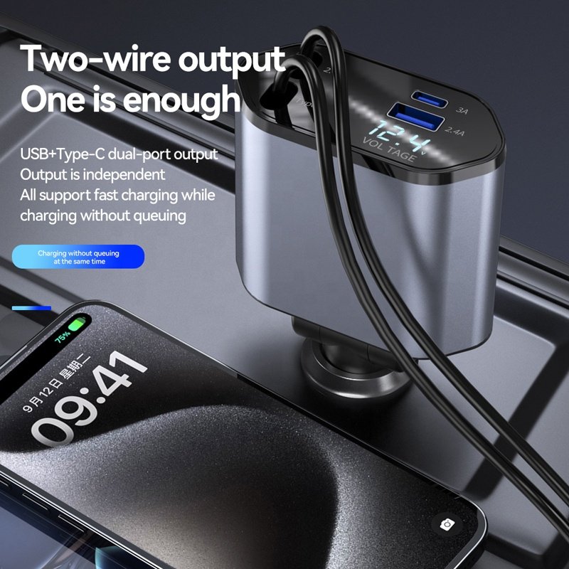 4 IN 1 Retractable Car Charger 120W Super Fast Charging USB PD QC3.0 Cigarette Lighter Car Chargers For Multiple Smart Devices