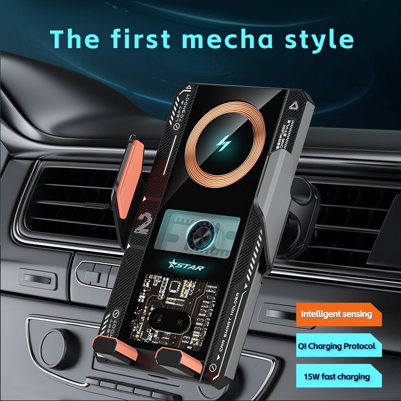 15w fast charging Visual Transparent Design Punk Style Mobile Phone Car Holder Wireless Car Charger Mount two illuminated LOGO