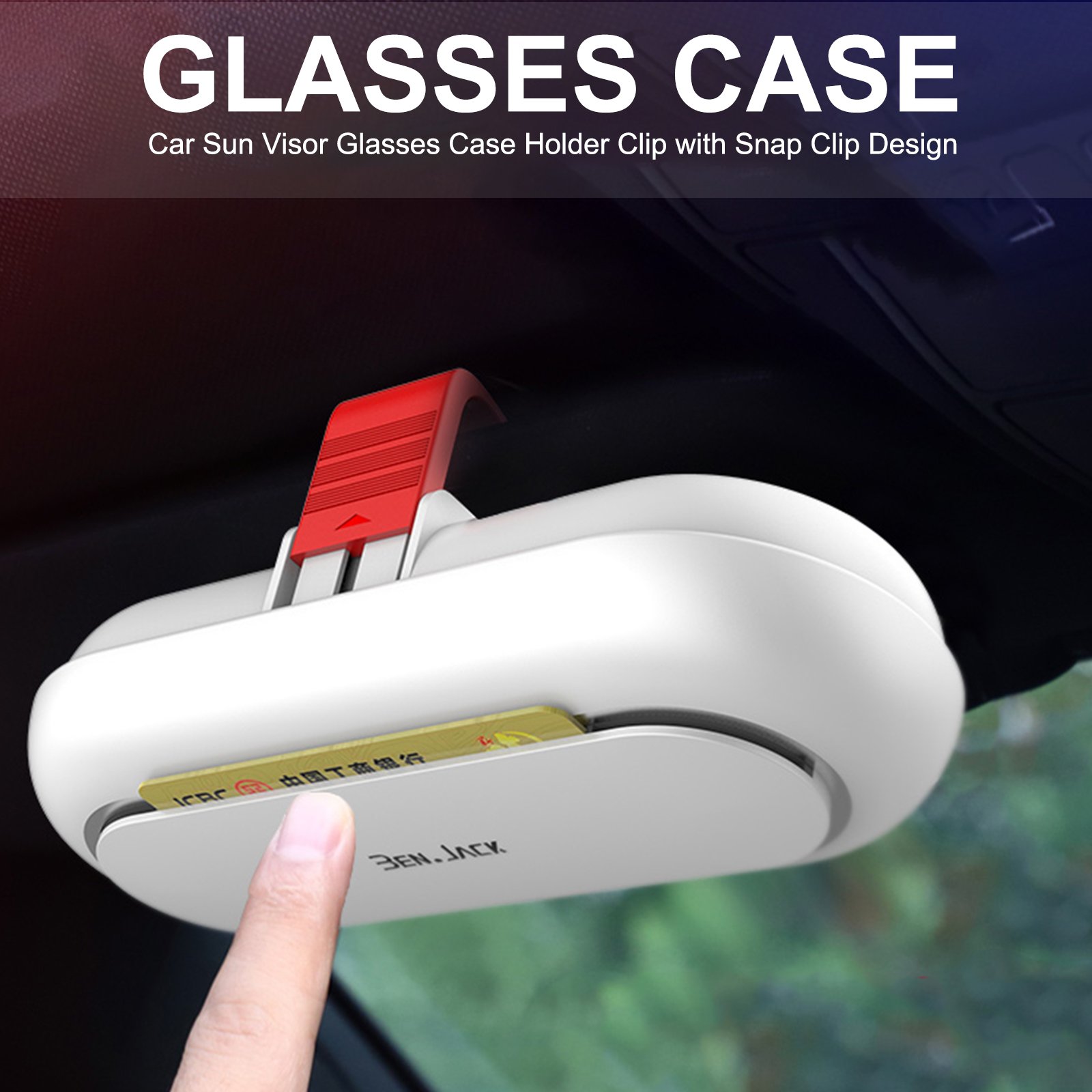 White BEN JACK Fashion Car Glasses Case Sunglasses Holder Multi-functional car interior visor storage carabiner design
