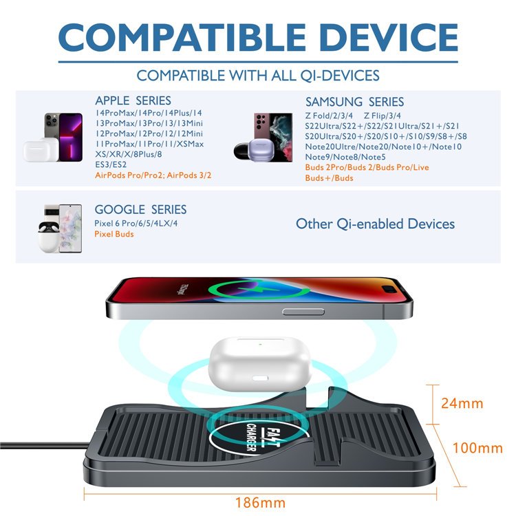 Car Non-slip Pad 15W 10w 7.5w Fast Wireless Car Charger Stand 2 in 1 Phone Charging Mat Holder For iPhone 15 14 13 12 11 Pro Max