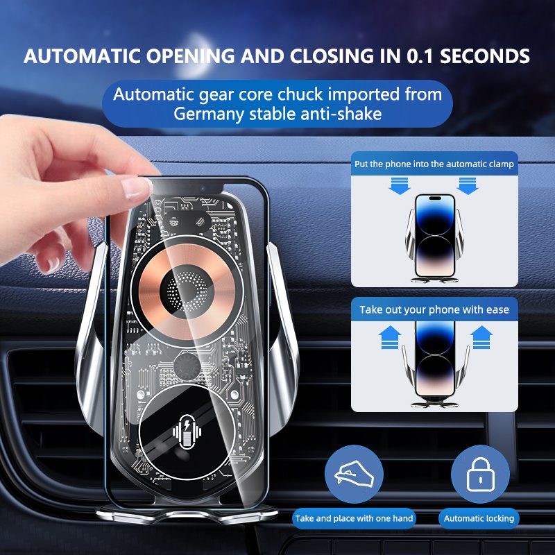 New Design 15W Wireless Charging Zinc Alloy Car Phone Holder Portable Fast Charging Wireless Car Charger For iPhone for Samsung