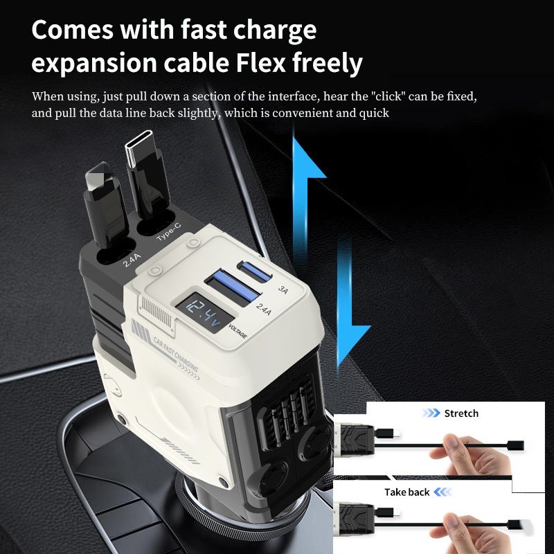 Custom Logo 2024 Fast Charge Retractable Cables and USB Port Car Charger Adapter Fast Retractable Car Charger USB C Car Charger