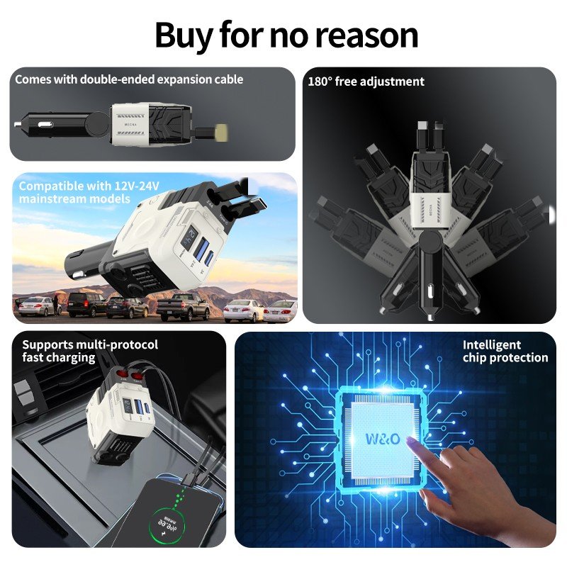 Custom Logo 2024 Fast Charge Retractable Cables and USB Port Car Charger Adapter Fast Retractable Car Charger USB C Car Charger