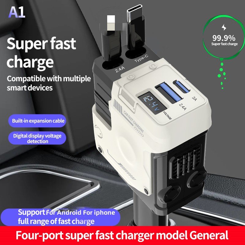 Custom Logo 2024 Fast Charge Retractable Cables and USB Port Car Charger Adapter Fast Retractable Car Charger USB C Car Charger