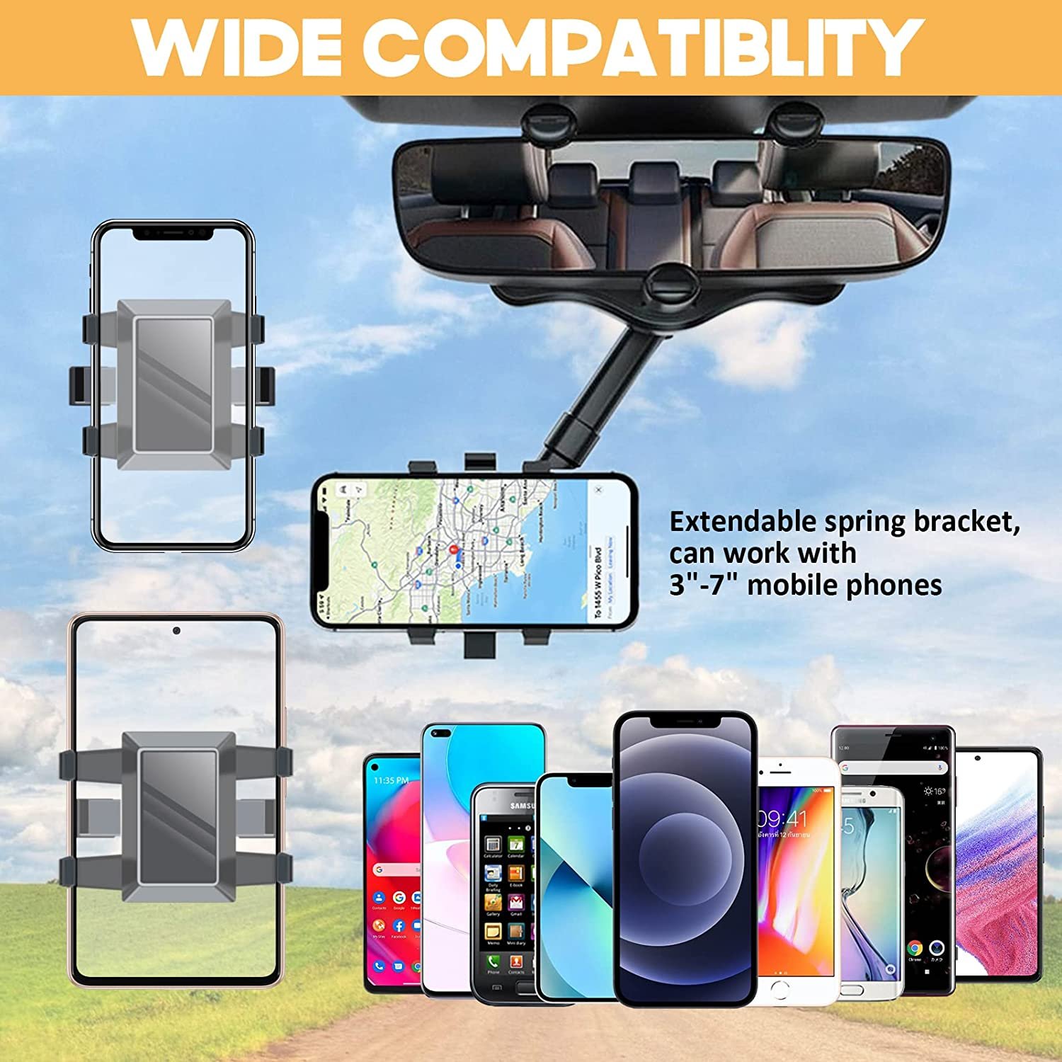 2024 Hot Selling 360 Rotatable Retractable Car Phone Mount Multifunctional Adjustable Universal Car Rearview Mirror Flexible