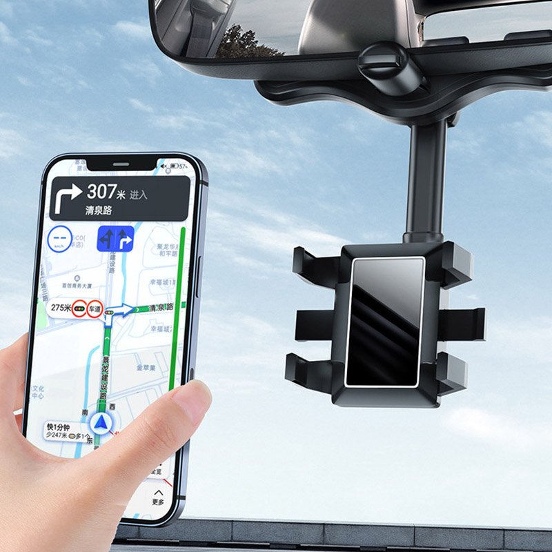 360 Car Rearview Mirror Phone Holder for Car Mount Phone and GPS Holder Support Rotating Adjustable Telescopic Phone Stand