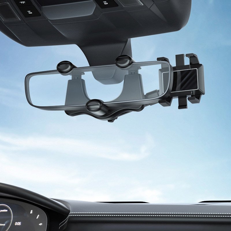 360 Car Rearview Mirror Phone Holder for Car Mount Phone and GPS Holder Support Rotating Adjustable Telescopic Phone Stand