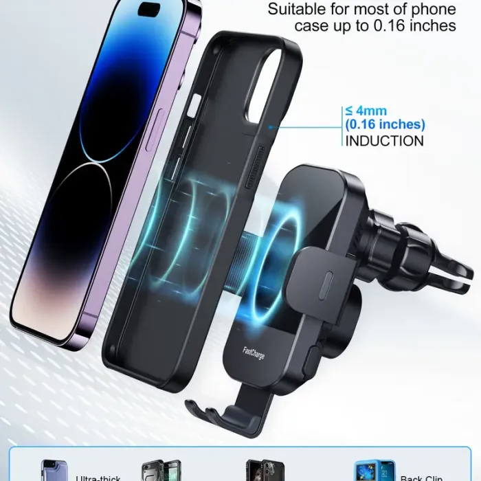 Car Charger Holder with 15w Fast Wireless featuring Auto Alignment Wireless Charging Cradle and Phone Holder Function