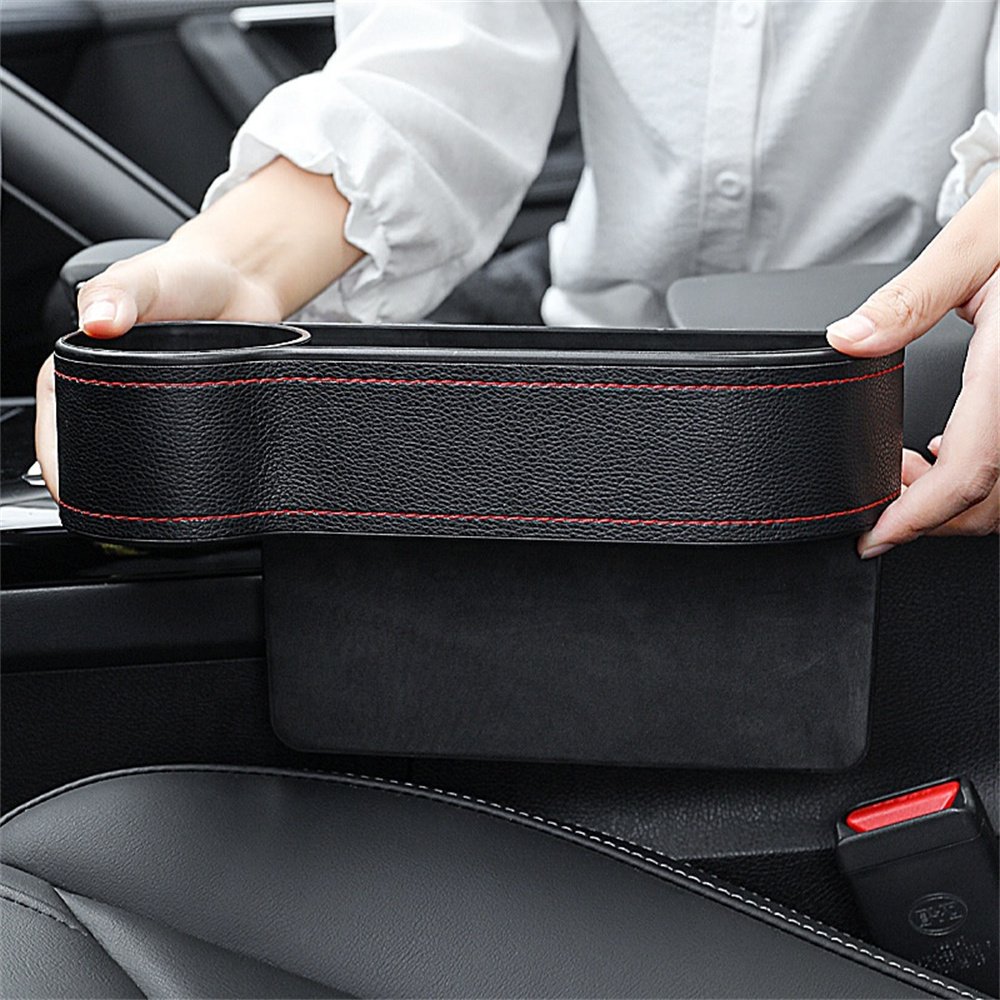 QEEPEI Portable Multifunction leather Car Seat Side Gap Filler Organizer Storage Box with Cup Holder
