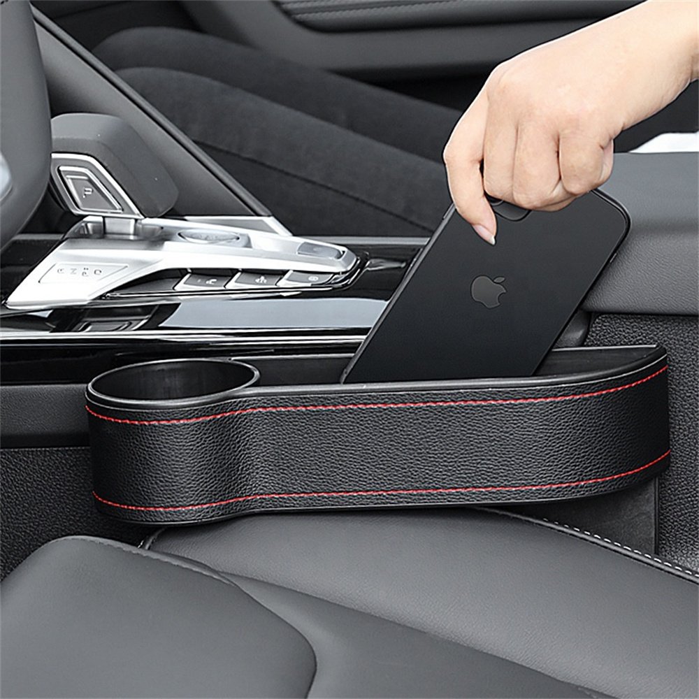 QEEPEI Portable Multifunction leather Car Seat Side Gap Filler Organizer Storage Box with Cup Holder