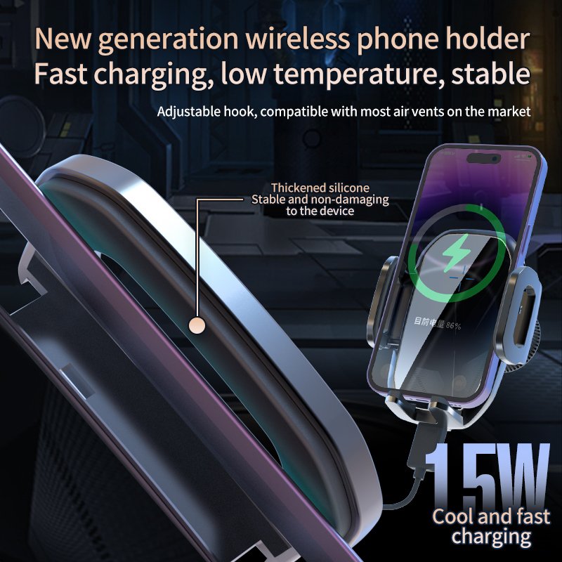 Black Stable Car Air Vent Wireless 15W Fast Charging Phone Car Holder Portable & Flexible In-Shop Phone Car Holders by Type C
