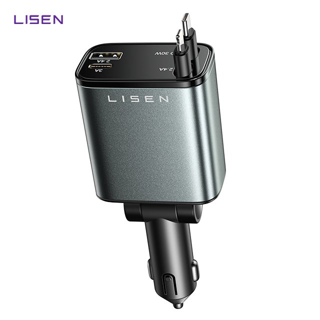 LISEN Latest Design 4 in 1 Multi-mouth Retractable USB C 100W Fast Car Phone Charger for Mobile Phone