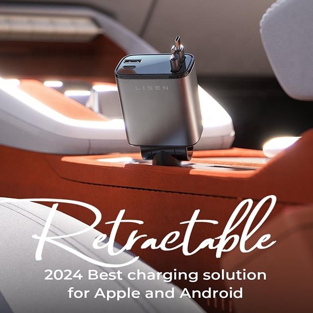 LISEN Latest Design 4 in 1 Multi-mouth Retractable USB C 100W Fast Car Phone Charger for Mobile Phone