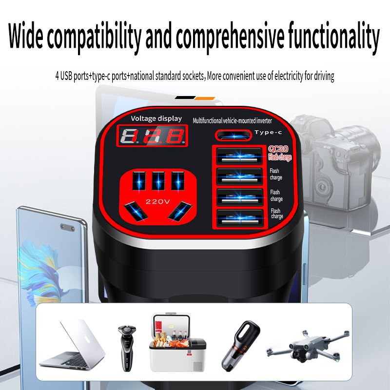 Multi-Function 4-in-1 USB EV Portable Inverter Car Laptop Mobile Phone Super Charger Adapter 12V 24V to 120W Fast Charging