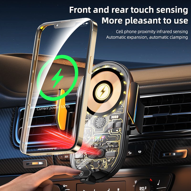 C23 Metal Car Charger Transparent With Magnetic Head Auto Clamping Sensing Phone Holder 66W Fast Charging Wireless Car Charger