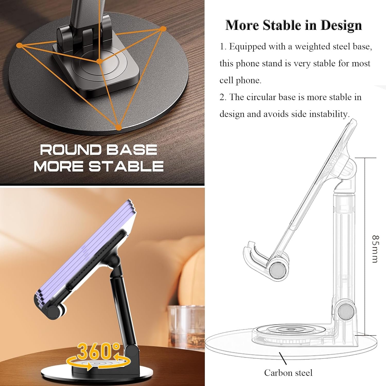 Desktop rotatable phone holder, height angle adjustable phone holder, portable phone holder plastic