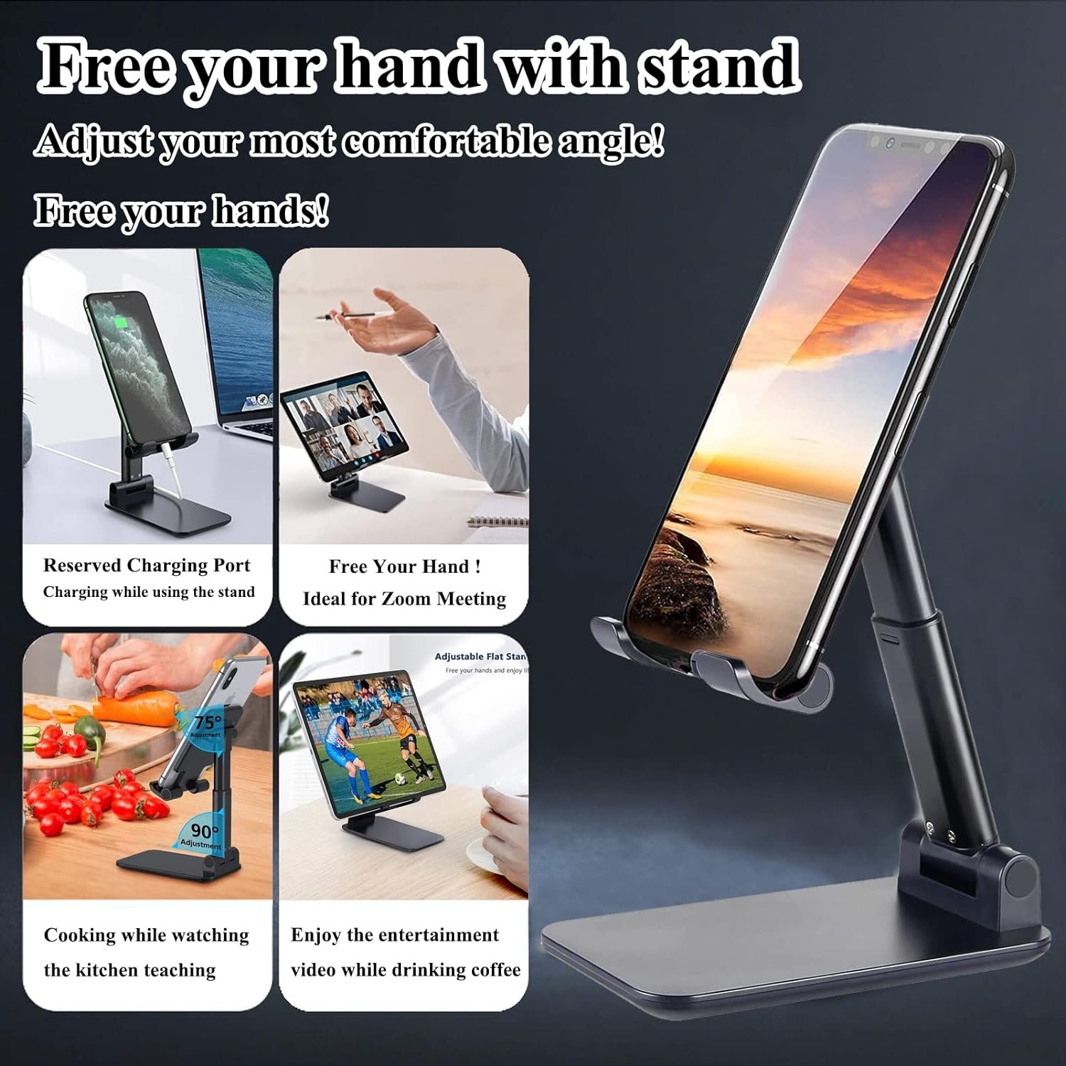 Desktop rotatable phone holder, height angle adjustable phone holder, portable phone holder plastic