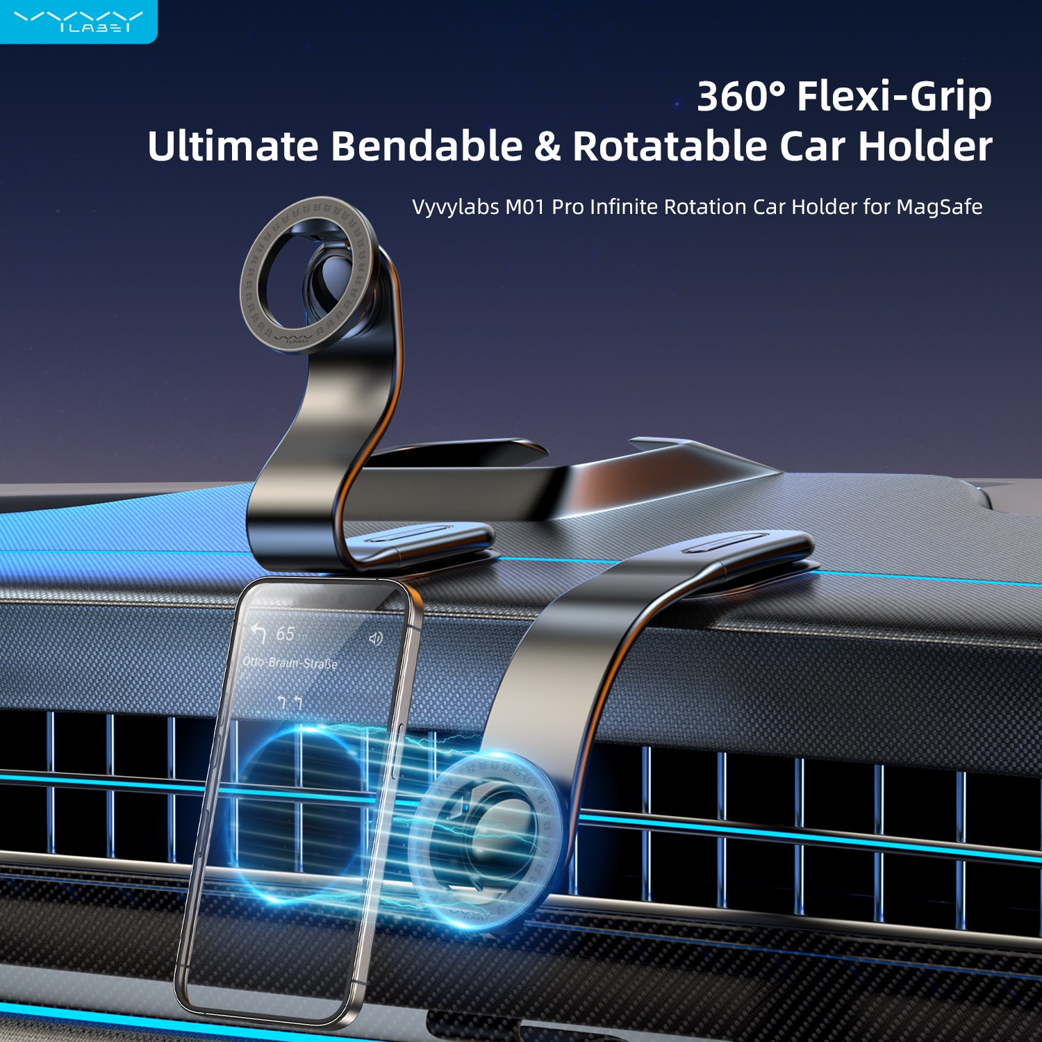 Vyvylabs OEM/ODM Hot Sale Foldable Magnetic Car Holder Magic Bending 360° Infinite Rotation Car Mount for Mag safe Mobile Phone