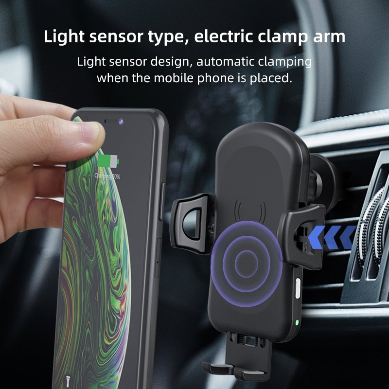 Top sales New 10W Quick Charging Car Holder Black Light Sensor Electric Mobile phone Car Wireless Charger