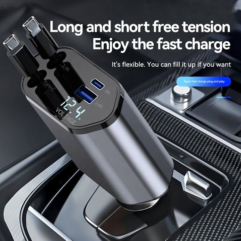 120W 4 IN 1 Car Charger Fast Charging 2 Retractable Cables USB PD Cigarette Lighter Car Chargers PD QC3.0 For All Smartphones