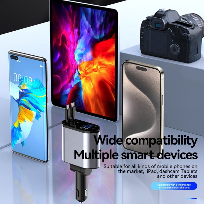 120W 4 IN 1 Car Charger Fast Charging 2 Retractable Cables USB PD Cigarette Lighter Car Chargers PD QC3.0 For All Smartphones