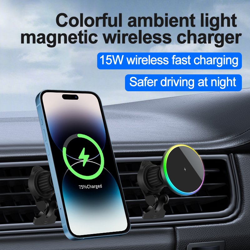New 15W Fast Charging Magnetic Wireless Charger Car Phone Holder With RGB Light For iPhone16 15 14 13 Pro Max