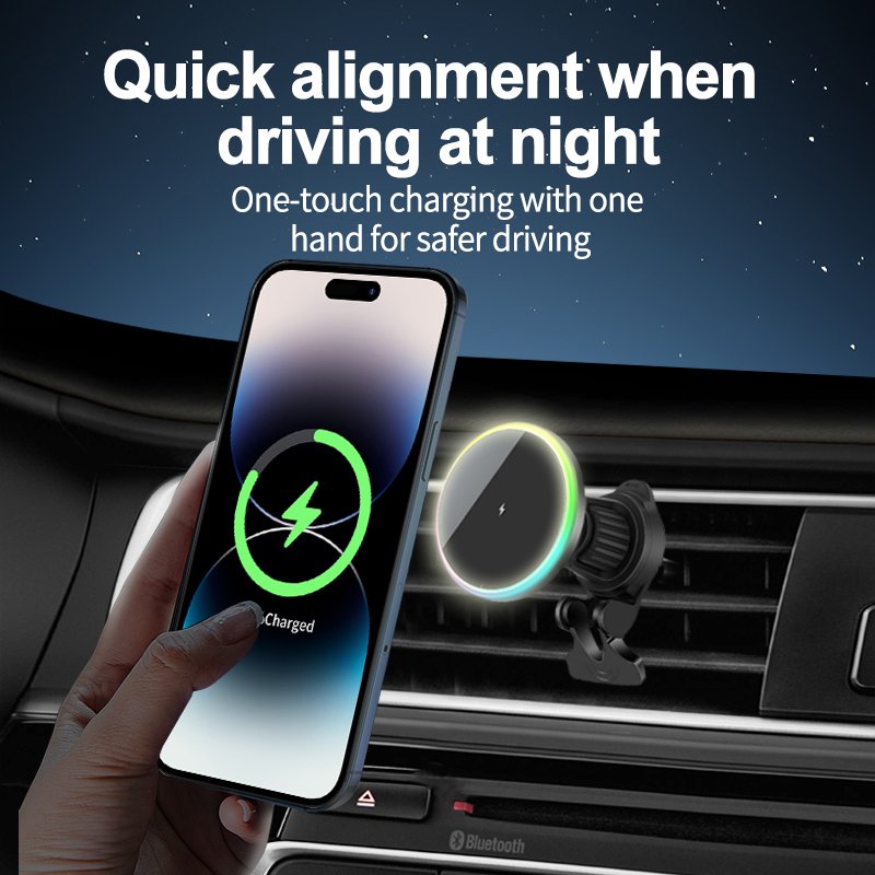 New 15W Fast Charging Magnetic Wireless Charger Car Phone Holder With RGB Light For iPhone16 15 14 13 Pro Max