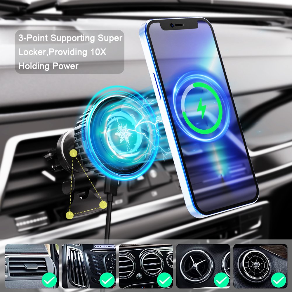 Multifunction 2 in 1 Built in Ice cooling Sensor Smart 15W Magnetic Wireless Car Charger Mount for iphone 14/13 Car Air vent