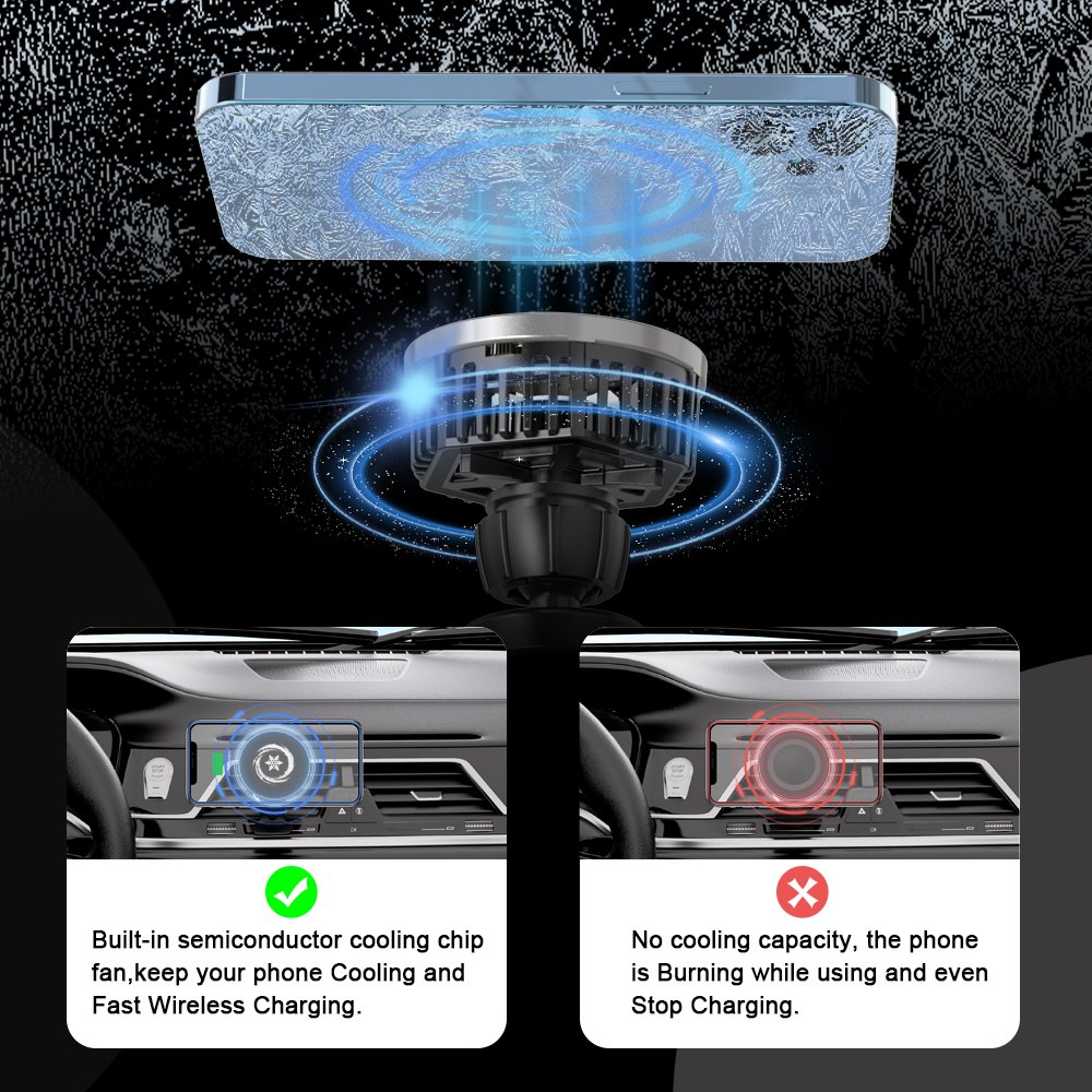 Multifunction 2 in 1 Built in Ice cooling Sensor Smart 15W Magnetic Wireless Car Charger Mount for iphone 14/13 Car Air vent