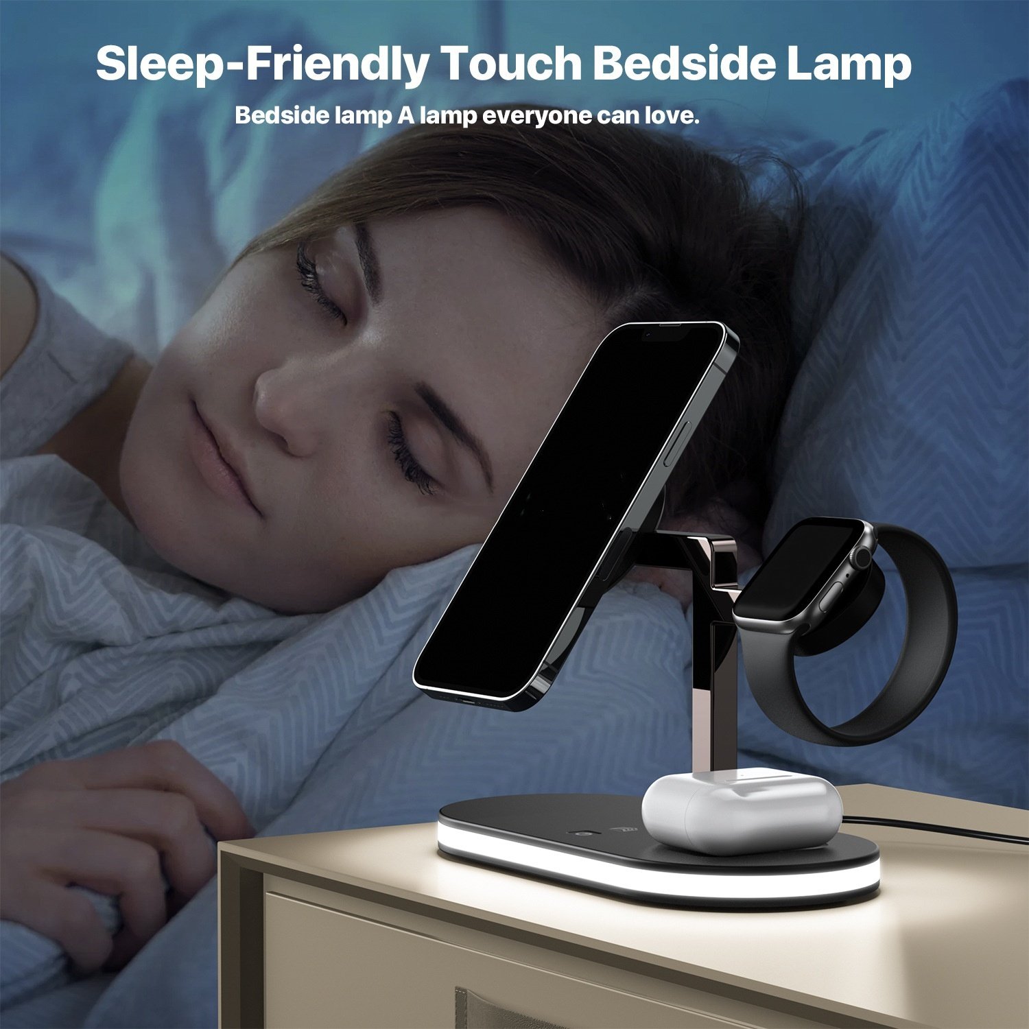 Portable Desktop Cellphone Watch Wireless Charging Station with Bedside Lamp 3 in 1 15W Fast Charging Magnetic Wireless Charger