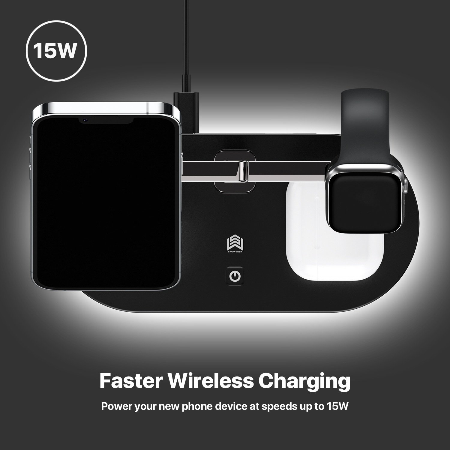 Portable Desktop Cellphone Watch Wireless Charging Station with Bedside Lamp 3 in 1 15W Fast Charging Magnetic Wireless Charger