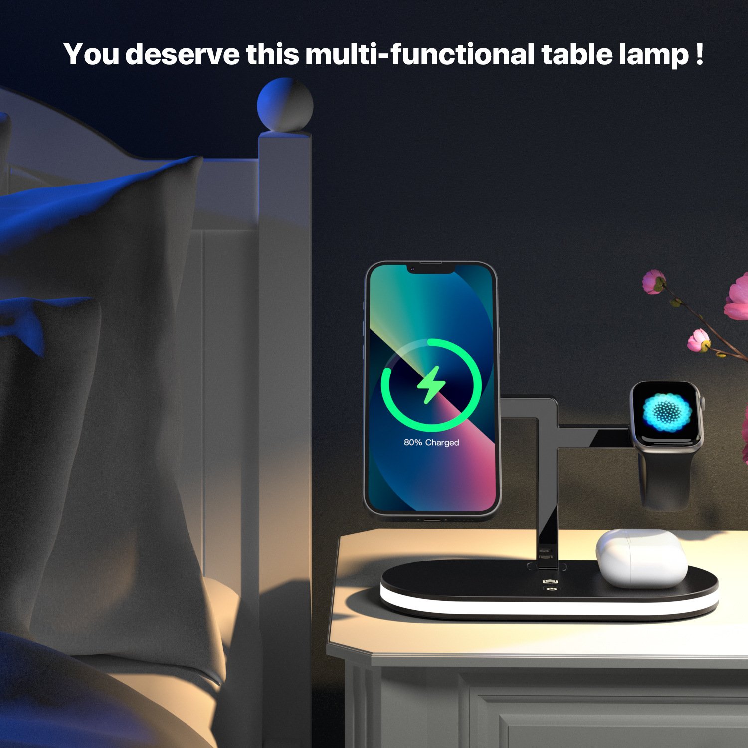 Portable Desktop Cellphone Watch Wireless Charging Station with Bedside Lamp 3 in 1 15W Fast Charging Magnetic Wireless Charger