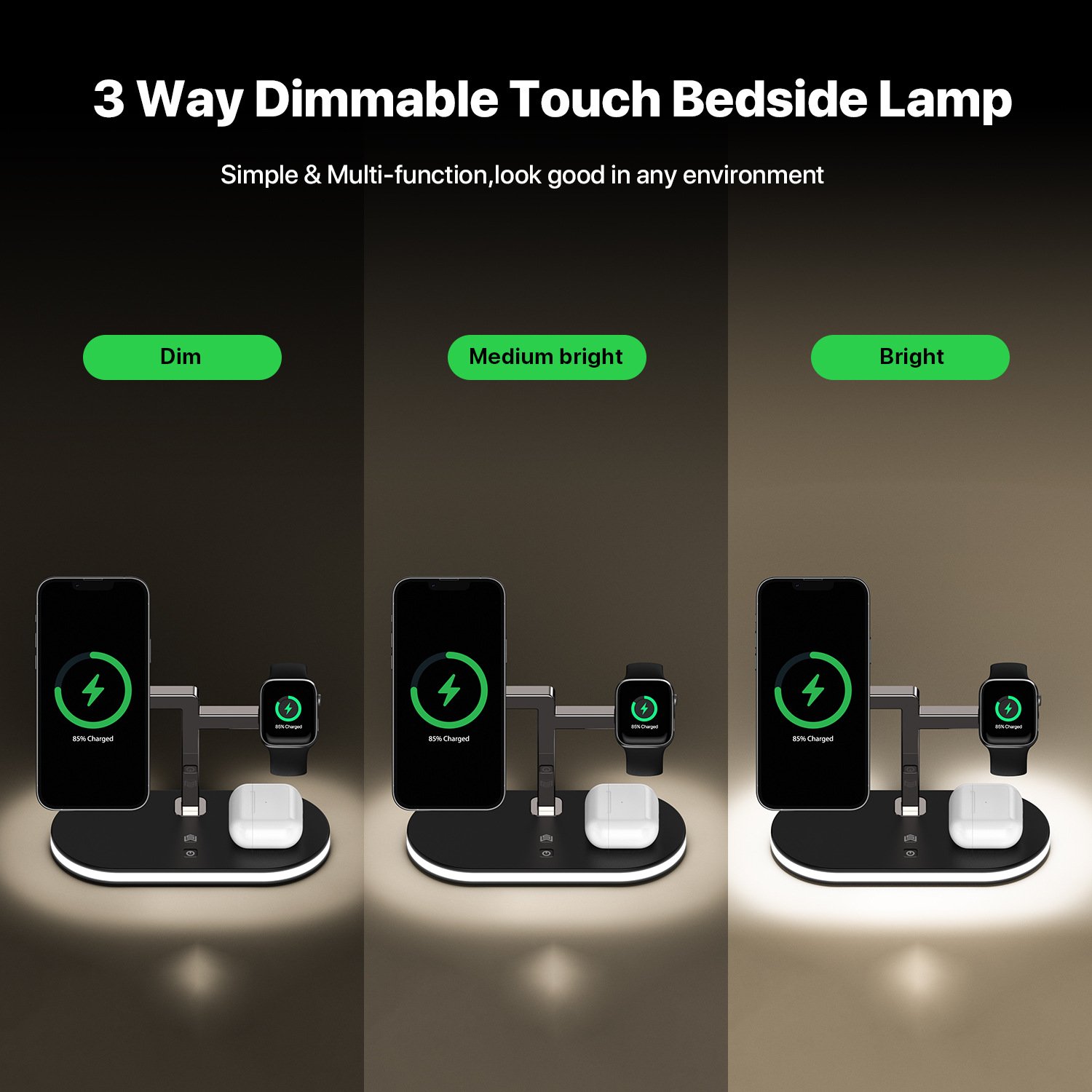 Portable Desktop Cellphone Watch Wireless Charging Station with Bedside Lamp 3 in 1 15W Fast Charging Magnetic Wireless Charger